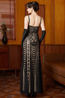 Sparkly Black Apricot Mermaid Spaghetti Straps Long Flapper Dress