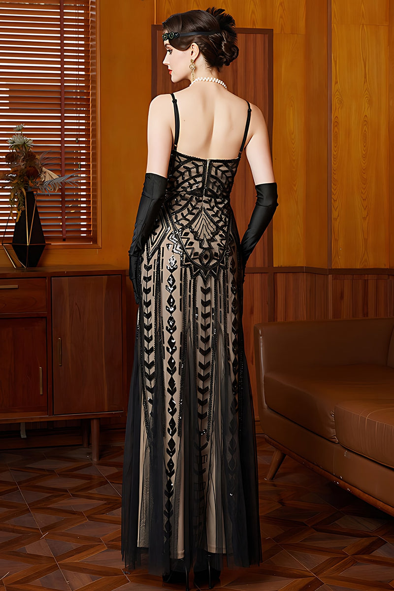 Load image into Gallery viewer, Sparkly Black Apricot Mermaid Spaghetti Straps Long Flapper Dress