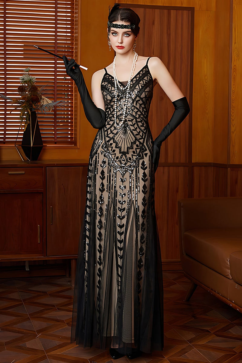 Load image into Gallery viewer, Sparkly Black Apricot Mermaid Spaghetti Straps Long Flapper Dress