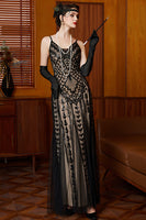 Load image into Gallery viewer, Sparkly Black Apricot Mermaid Spaghetti Straps Long Flapper Dress
