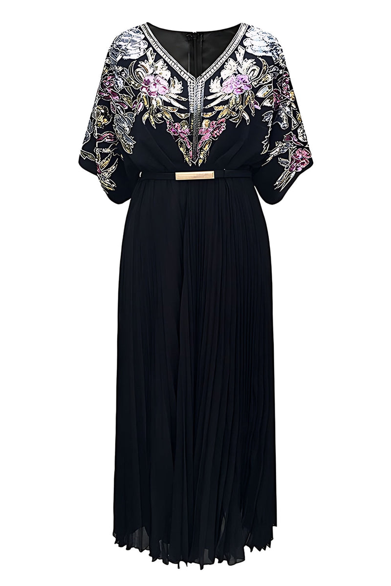 Load image into Gallery viewer, Sparkly Black V Neck Pleated 1920s Flapper Dress with Belt
