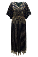 Load image into Gallery viewer, Sparkly Black Golden V Neck Sequin Flapper Dress with Sleeves