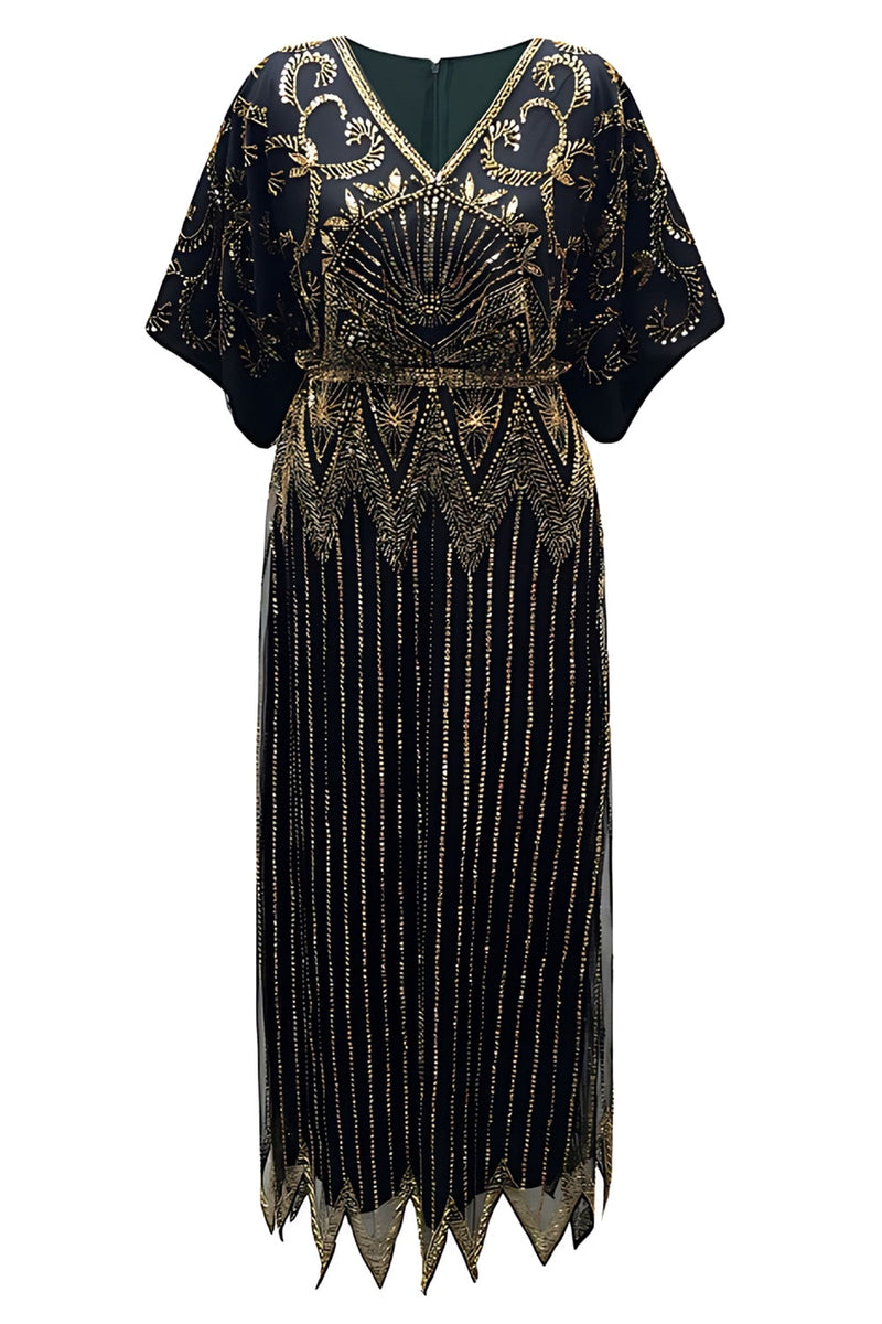 Load image into Gallery viewer, Sparkly Black Golden V Neck Sequin Flapper Dress with Sleeves