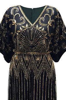 Sparkly Black Golden V Neck Sequin Flapper Dress with Sleeves