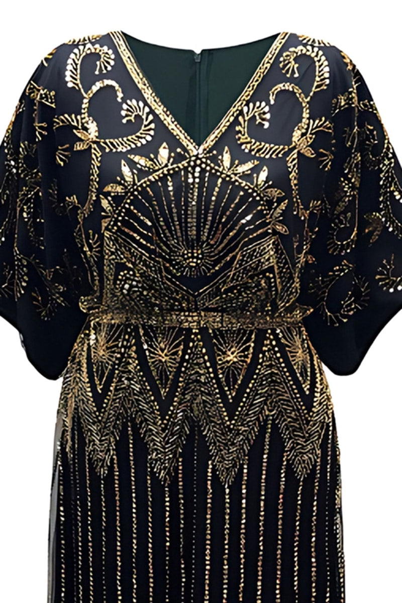 Load image into Gallery viewer, Sparkly Black Golden V Neck Sequin Flapper Dress with Sleeves