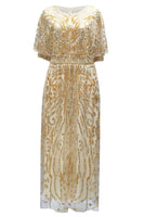 Load image into Gallery viewer, Apricot Sparkly Round Neck Long 1920s Flapper Dress with Cape