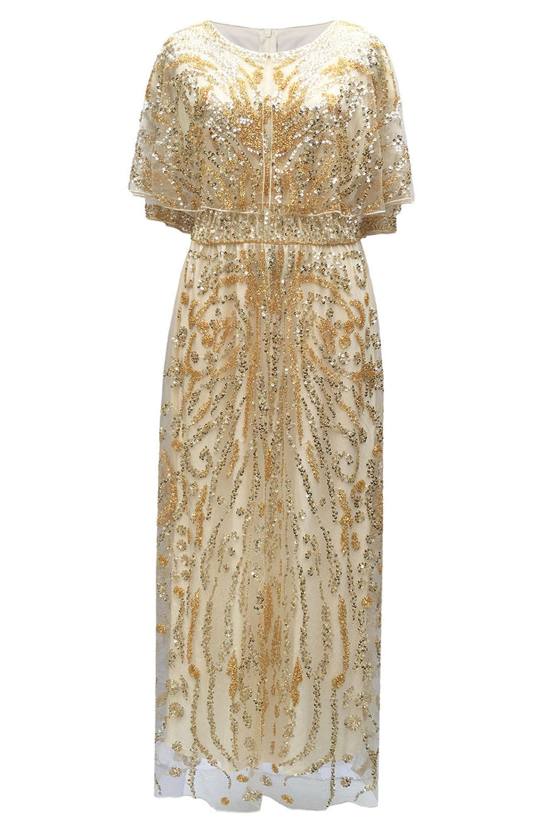 Load image into Gallery viewer, Apricot Sparkly Round Neck Long 1920s Flapper Dress with Cape