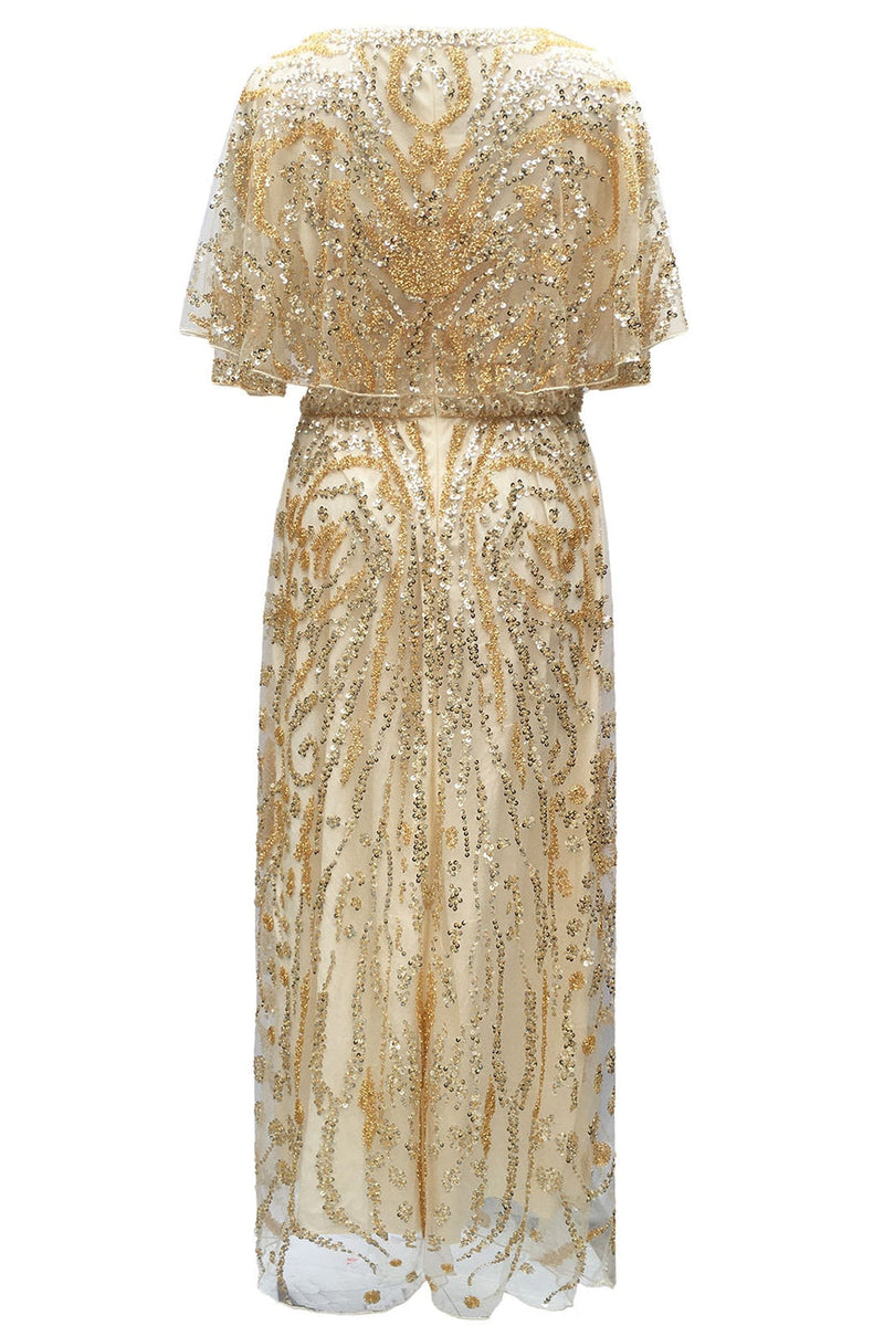 Load image into Gallery viewer, Apricot Sparkly Round Neck Long 1920s Flapper Dress with Cape