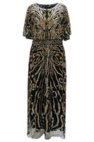 Load image into Gallery viewer, Apricot Sparkly Round Neck Long 1920s Flapper Dress with Cape