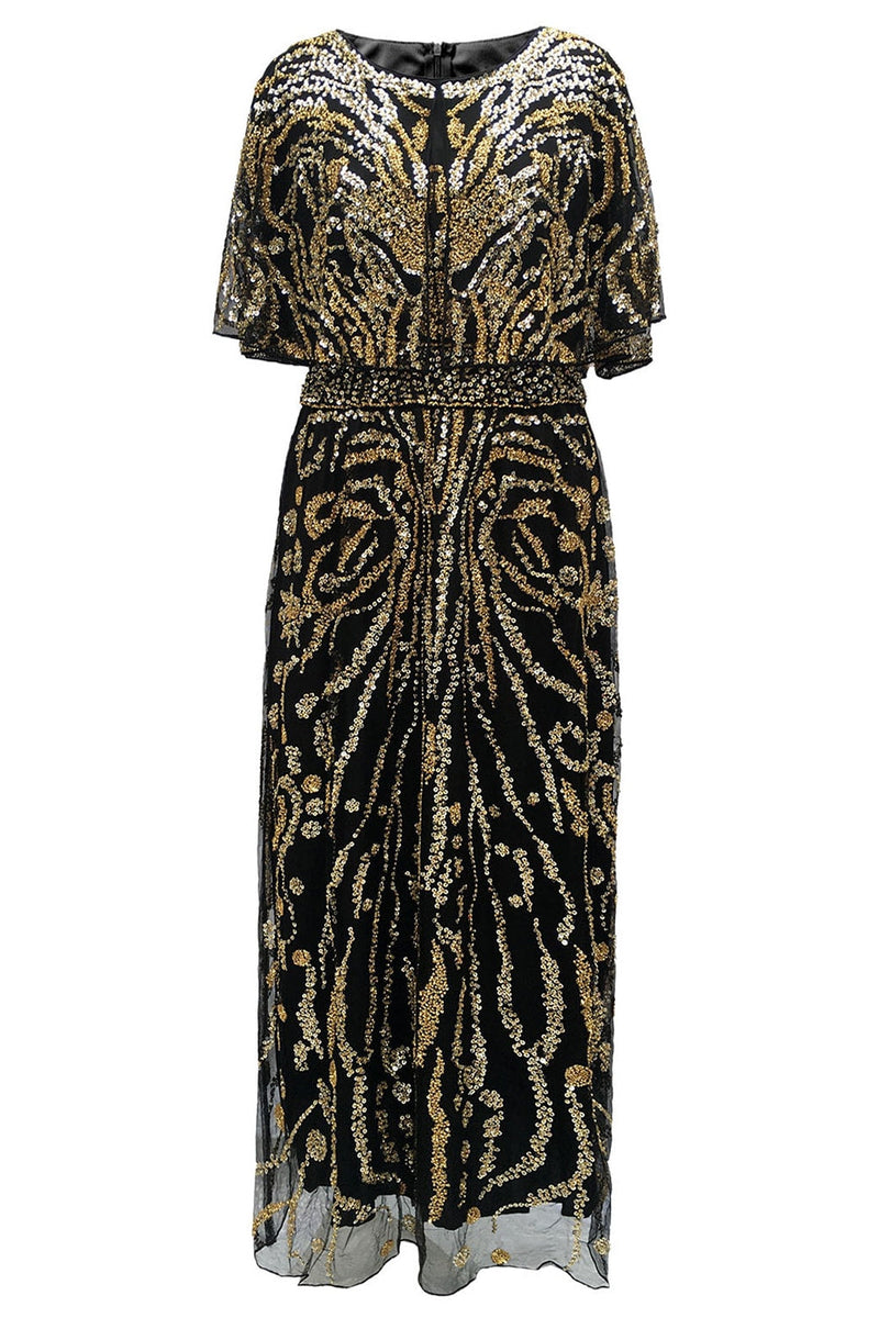 Load image into Gallery viewer, Apricot Sparkly Round Neck Long 1920s Flapper Dress with Cape