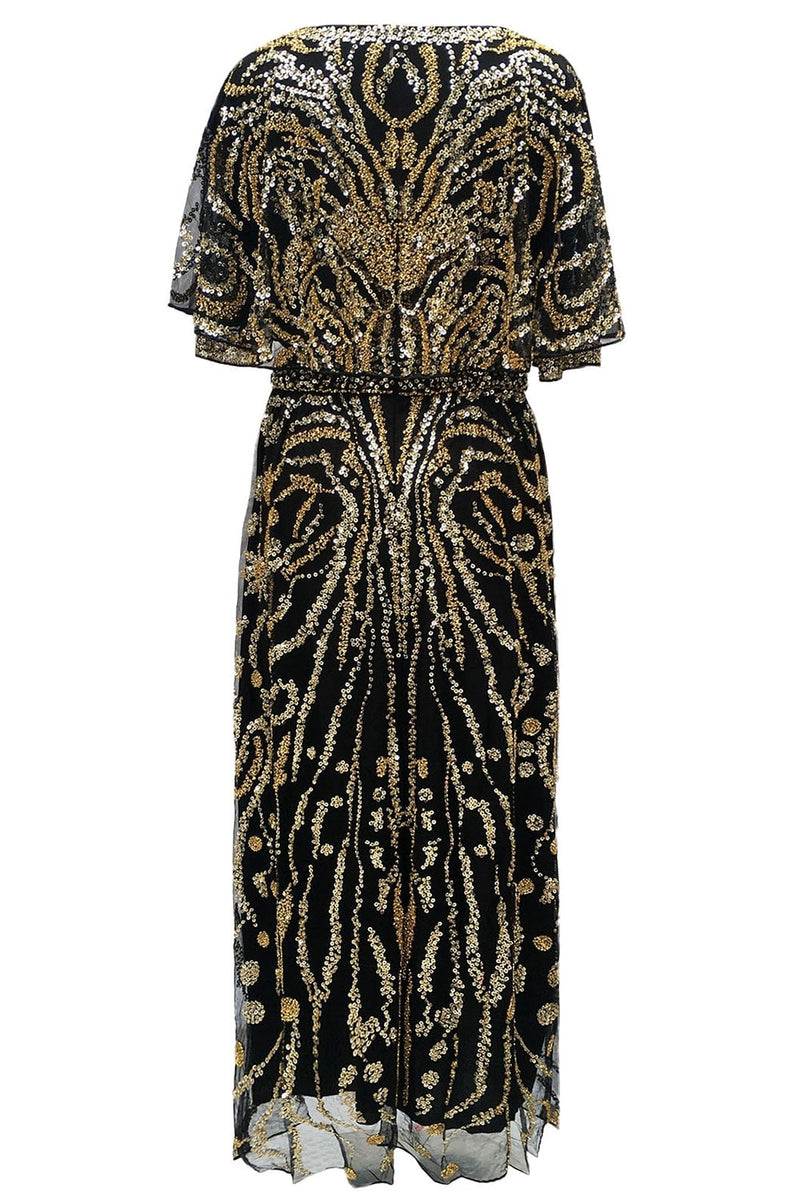 Load image into Gallery viewer, Apricot Sparkly Round Neck Long 1920s Flapper Dress with Cape
