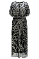 Load image into Gallery viewer, Apricot Sparkly Round Neck Long 1920s Flapper Dress with Cape