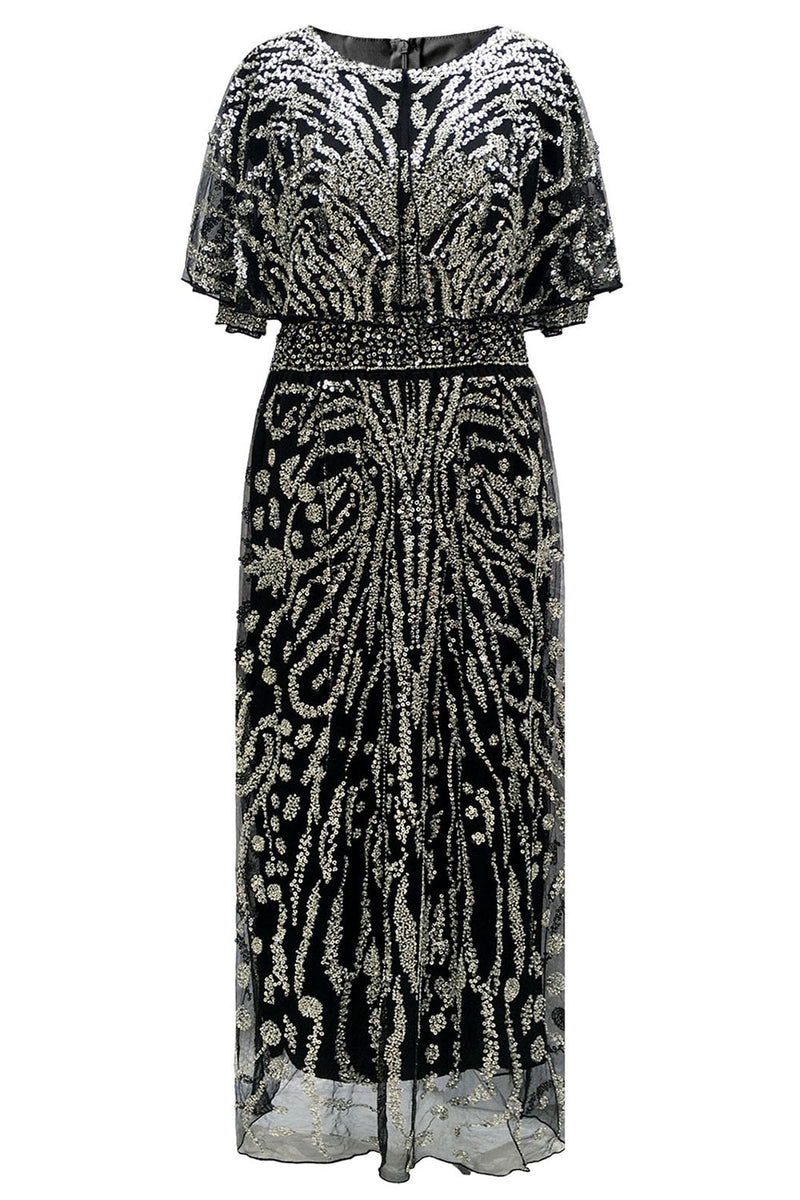 Load image into Gallery viewer, Apricot Sparkly Round Neck Long 1920s Flapper Dress with Cape