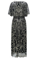 Load image into Gallery viewer, Apricot Sparkly Round Neck Long 1920s Flapper Dress with Cape