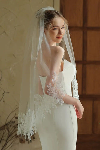 Ivory Tier Tulle Floral Midi Wedding Veil with Appliques