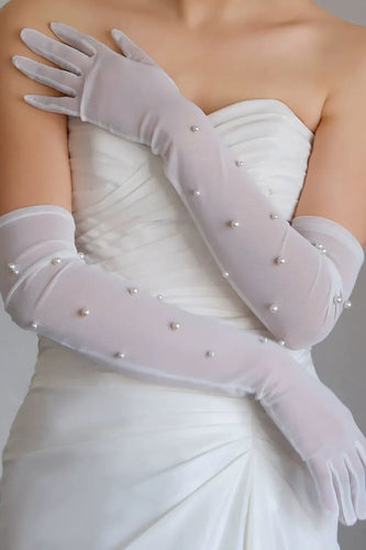 Tulle White Bridal Gloves with Pearls