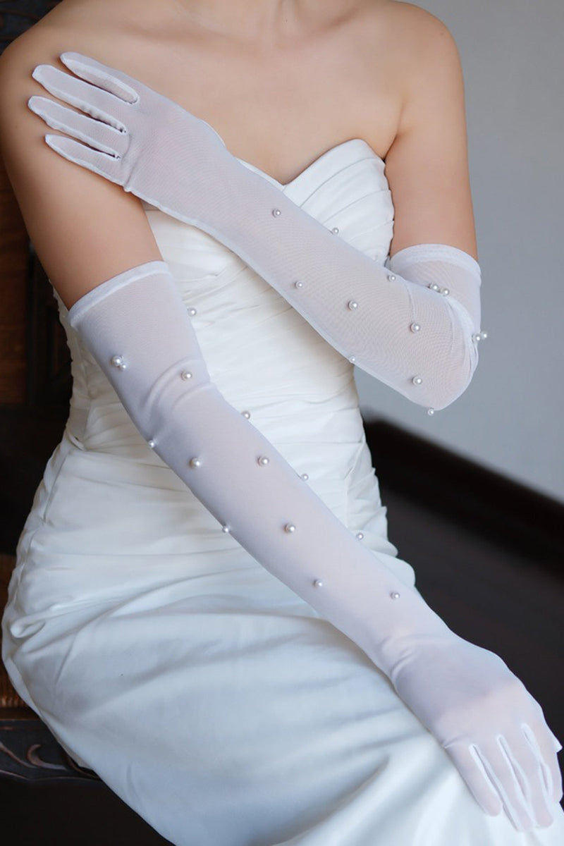 Load image into Gallery viewer, Tulle White Bridal Gloves with Pearls