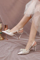 Load image into Gallery viewer, Ivory Point Toe Satin Pearls Wedding Stiletto Heels with Bow