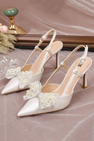 Load image into Gallery viewer, Ivory Point Toe Satin Pearls Wedding Stiletto Heels with Bow