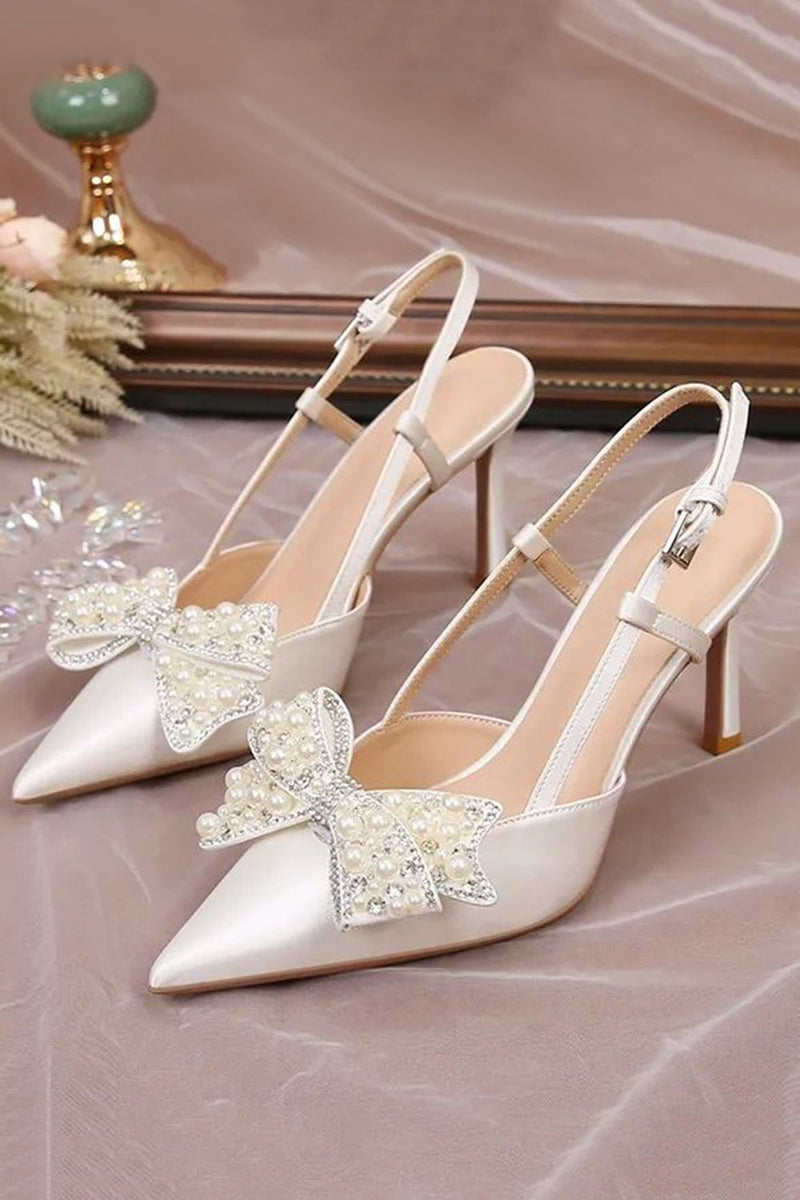 Load image into Gallery viewer, Ivory Point Toe Satin Pearls Wedding Stiletto Heels with Bow