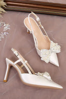 Load image into Gallery viewer, Ivory Point Toe Satin Pearls Wedding Stiletto Heels with Bow