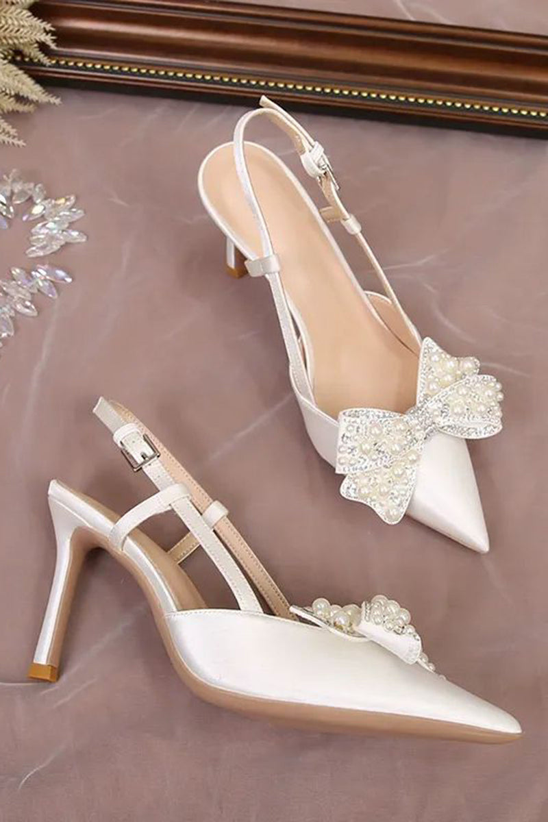 Load image into Gallery viewer, Ivory Point Toe Satin Pearls Wedding Stiletto Heels with Bow