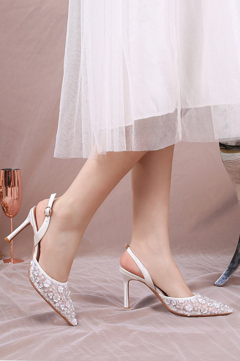 Load image into Gallery viewer, Ivory Pointed Toe Pump Lace Wedding Stiletto Heels