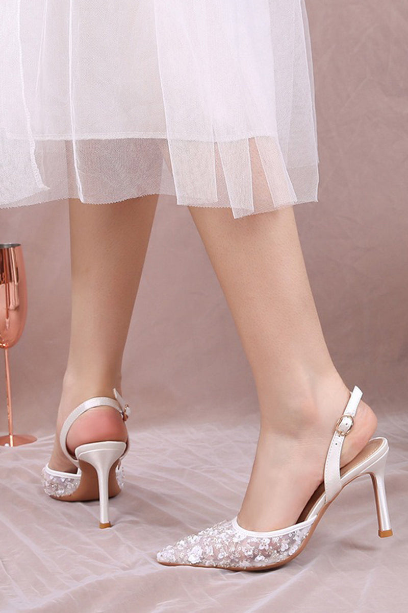 Load image into Gallery viewer, Ivory Pointed Toe Pump Lace Wedding Stiletto Heels
