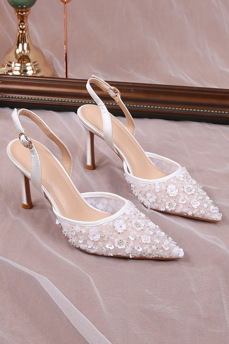 Load image into Gallery viewer, Ivory Pointed Toe Pump Lace Wedding Stiletto Heels