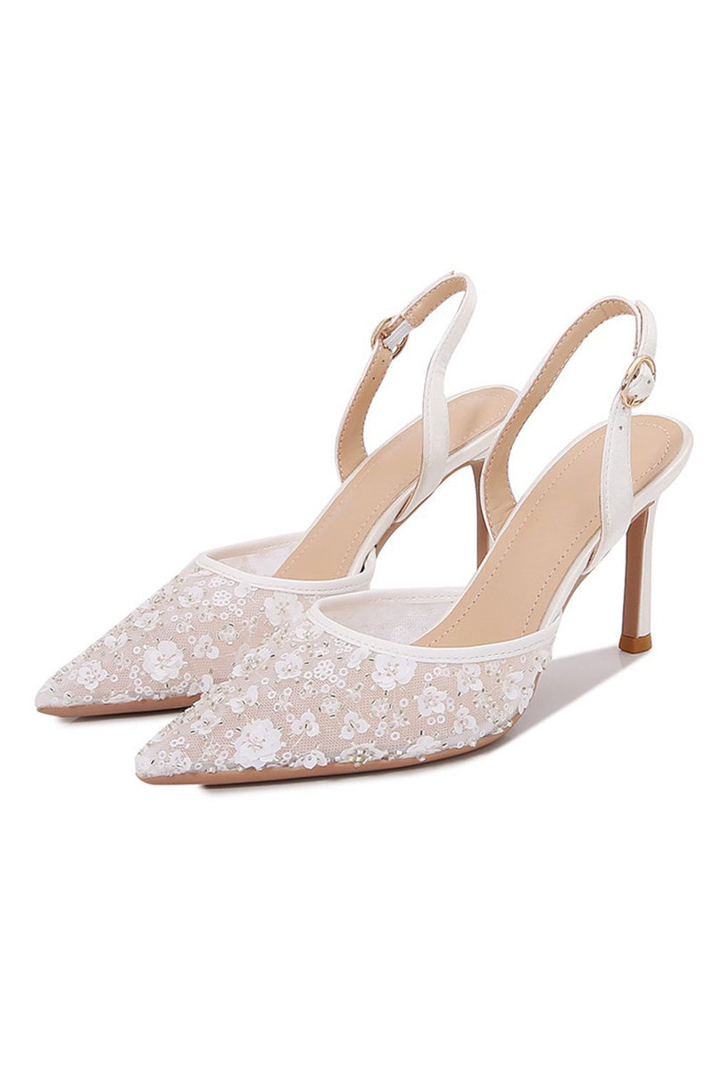 Load image into Gallery viewer, Ivory Pointed Toe Pump Lace Wedding Stiletto Heels
