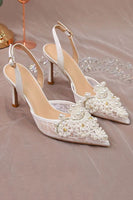 Load image into Gallery viewer, Ivory Appliqued Lace Pump Pointed Toe Wedding Heels