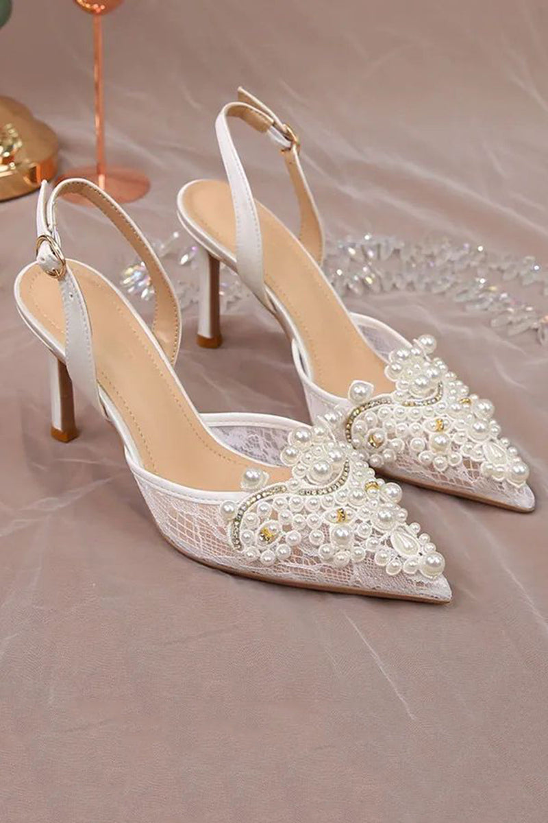 Load image into Gallery viewer, Ivory Appliqued Lace Pump Pointed Toe Wedding Heels