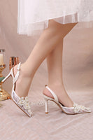 Load image into Gallery viewer, Ivory Appliqued Lace Pump Pointed Toe Wedding Heels
