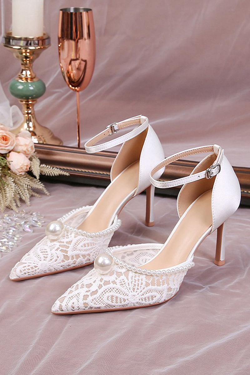 Load image into Gallery viewer, Ivory Lace Pump Point Toe Wedding Stiletto Heels with Pearls