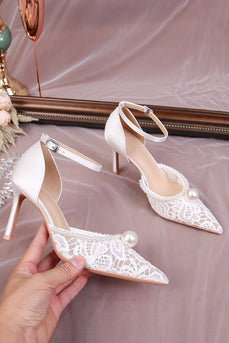 Ivory Lace Pump Point Toe Wedding Stiletto Heels with Pearls