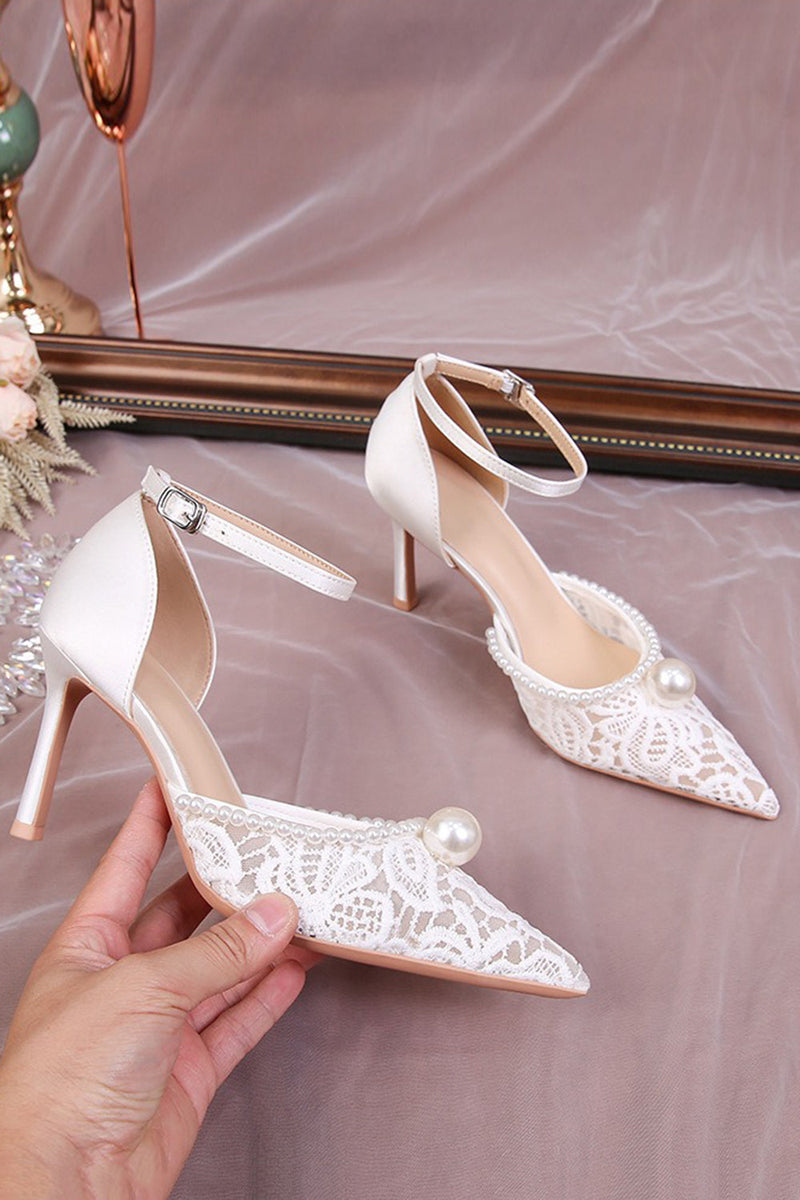 Load image into Gallery viewer, Ivory Lace Pump Point Toe Wedding Stiletto Heels with Pearls