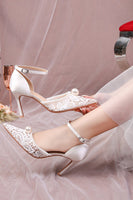 Load image into Gallery viewer, Ivory Lace Pump Point Toe Wedding Stiletto Heels with Pearls