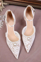 Load image into Gallery viewer, Ivory Lace Pump Point Toe Wedding Stiletto Heels with Pearls