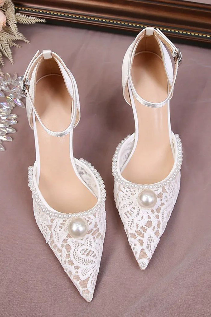 Load image into Gallery viewer, Ivory Lace Pump Point Toe Wedding Stiletto Heels with Pearls