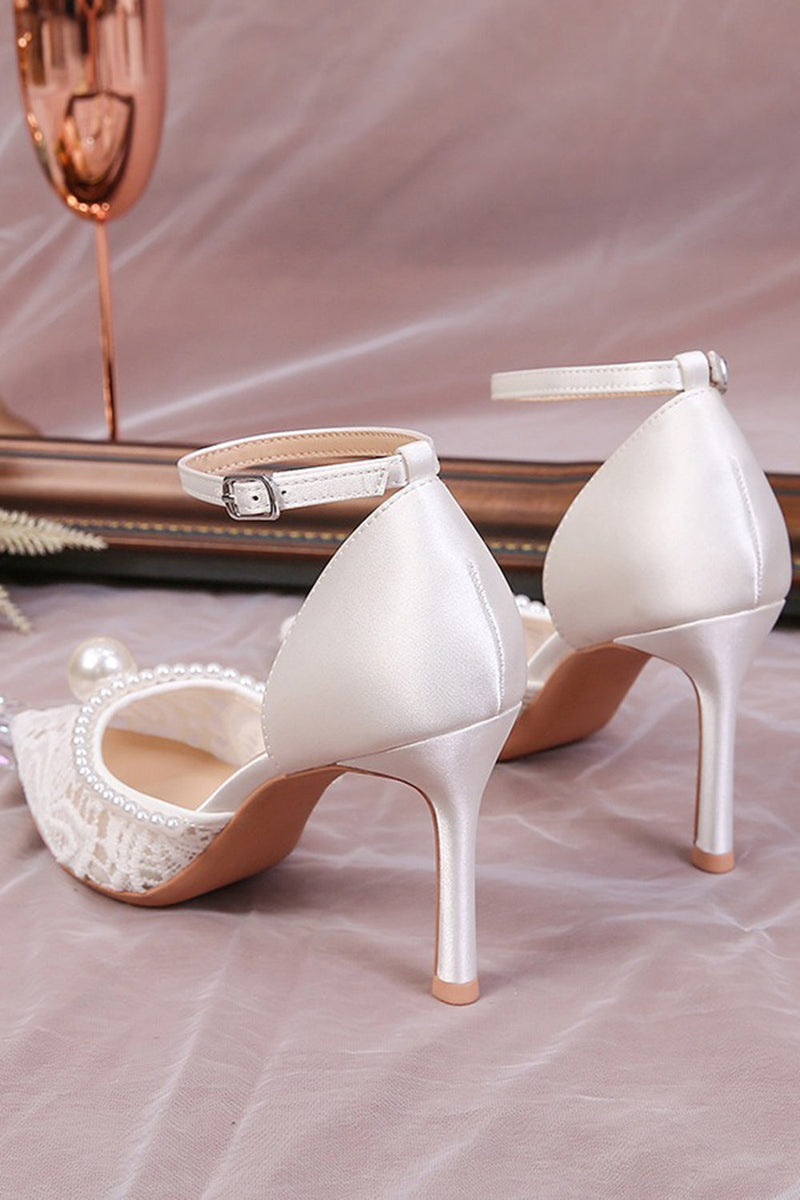 Load image into Gallery viewer, Ivory Lace Pump Point Toe Wedding Stiletto Heels with Pearls