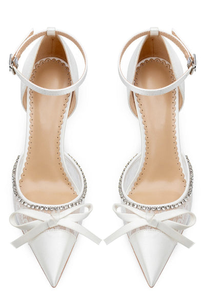 Sparkly Ivory Lace Pointed Toe Beaded Wedding Stiletto Heels with Bow