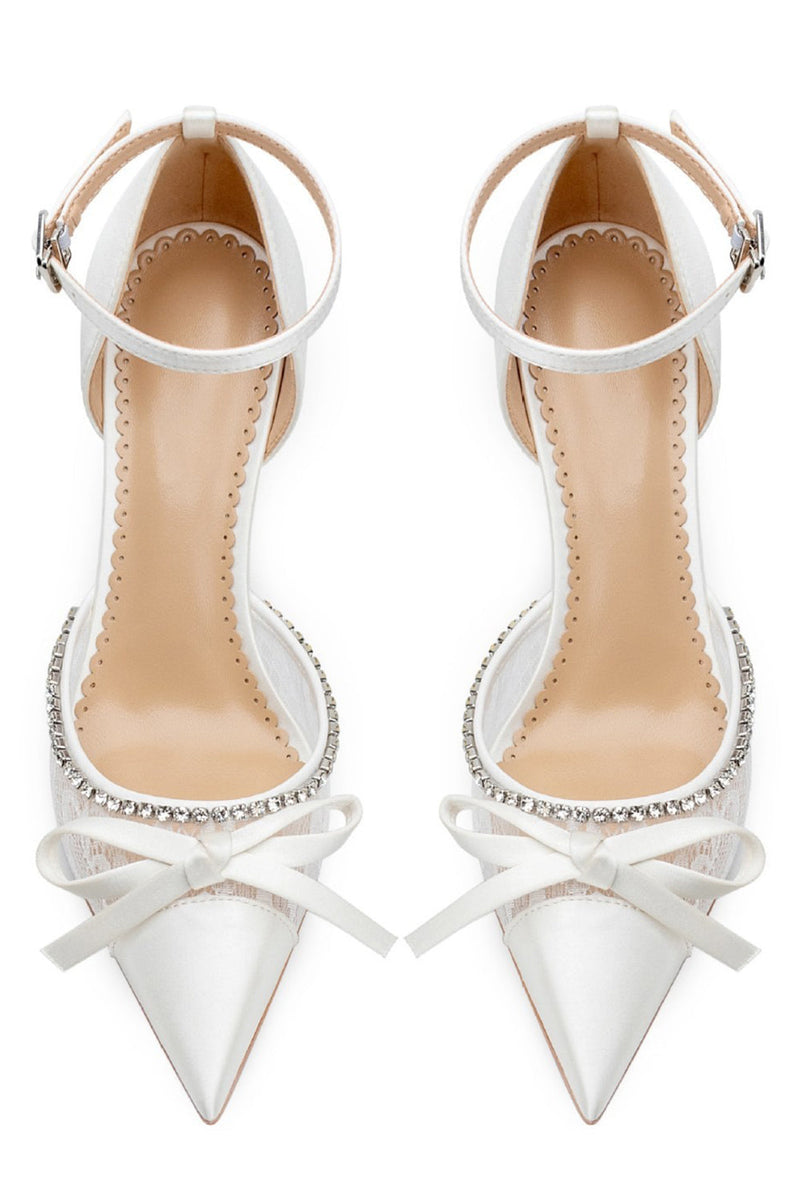 Load image into Gallery viewer, Sparkly Ivory Lace Pointed Toe Beaded Wedding Stiletto Heels with Bow