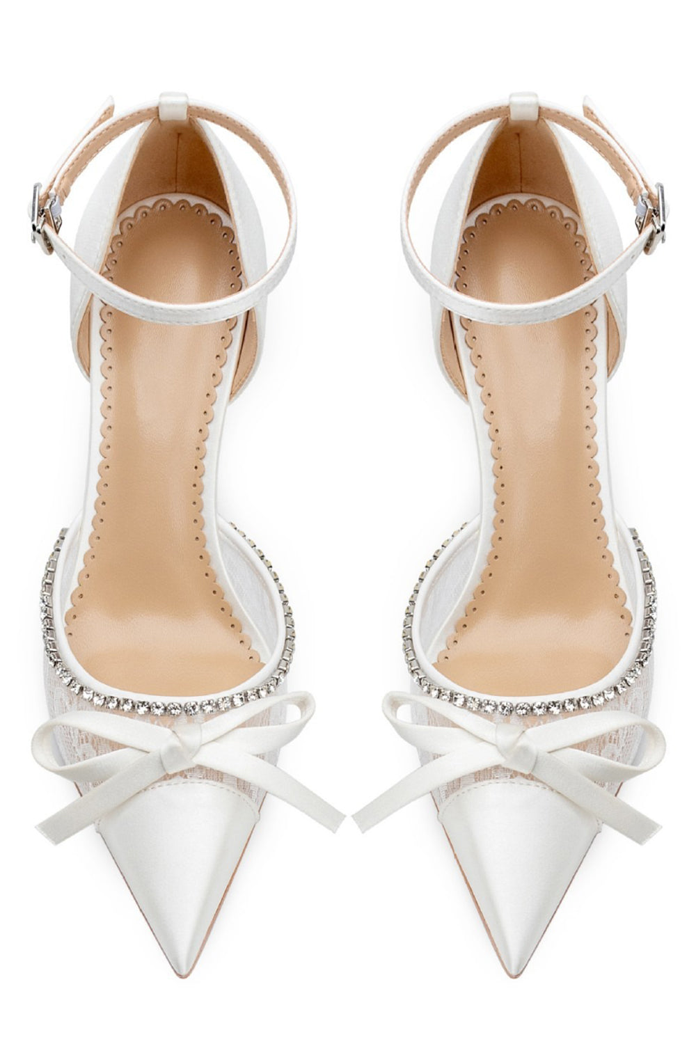 Sparkly Ivory Lace Pointed Toe Beaded Wedding Stiletto Heels with Bow