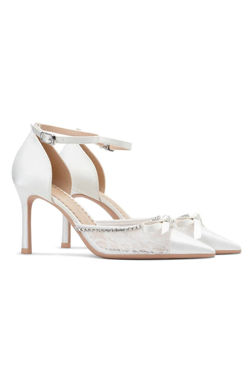 Load image into Gallery viewer, Sparkly Ivory Lace Pointed Toe Beaded Wedding Stiletto Heels with Bow