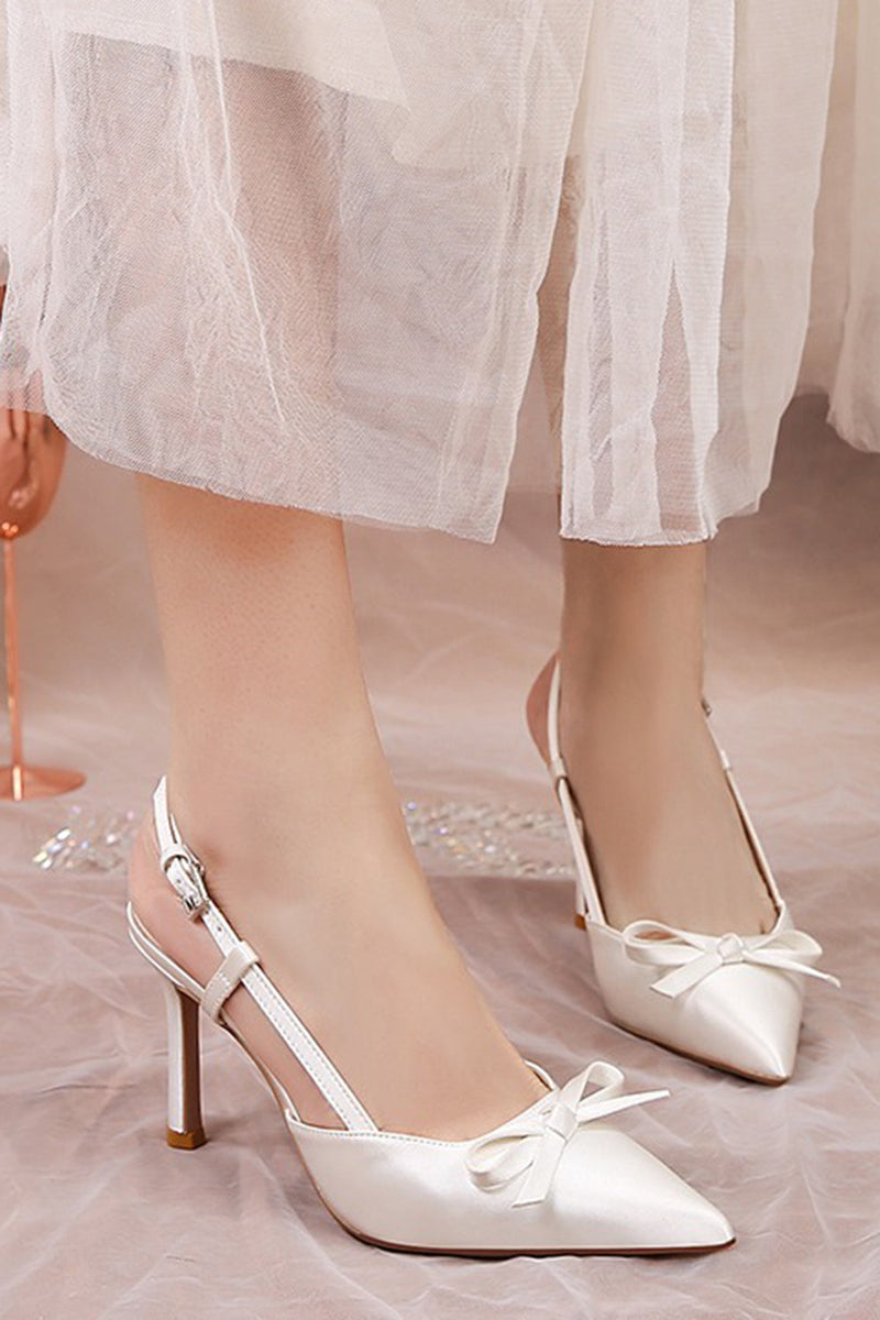 Load image into Gallery viewer, Ivory Satin Pointed Toe Pump Wedding Heels with Bow