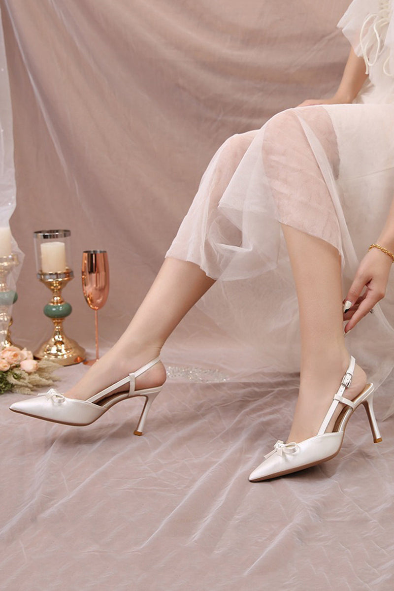 Load image into Gallery viewer, Ivory Satin Pointed Toe Pump Wedding Heels with Bow