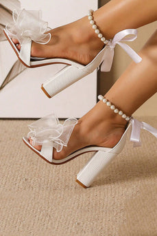 White Pearls Open Toe Chunky Heels Wedding Sandals with Bow
