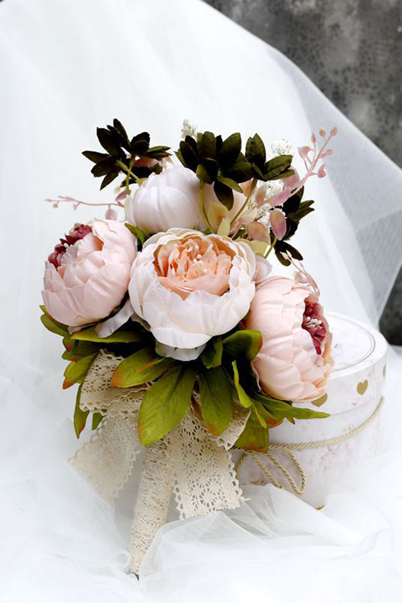 Load image into Gallery viewer, Hand Holding Flower Blush Pink Wedding Bouquet with Bow