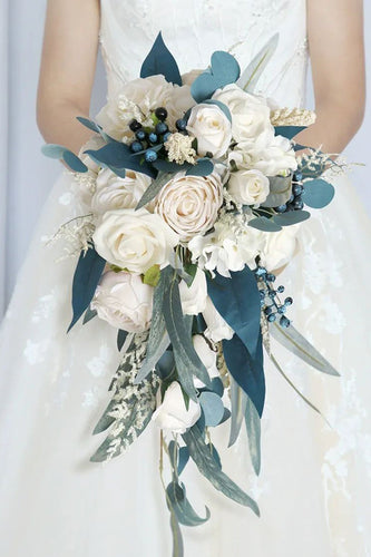 Hand Holding White and Blue Bridal Bouquet