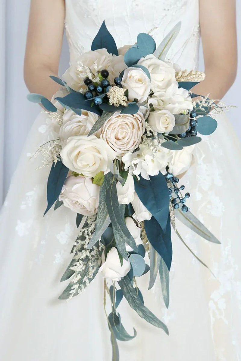 Load image into Gallery viewer, Hand Holding White and Blue Bridal Bouquet